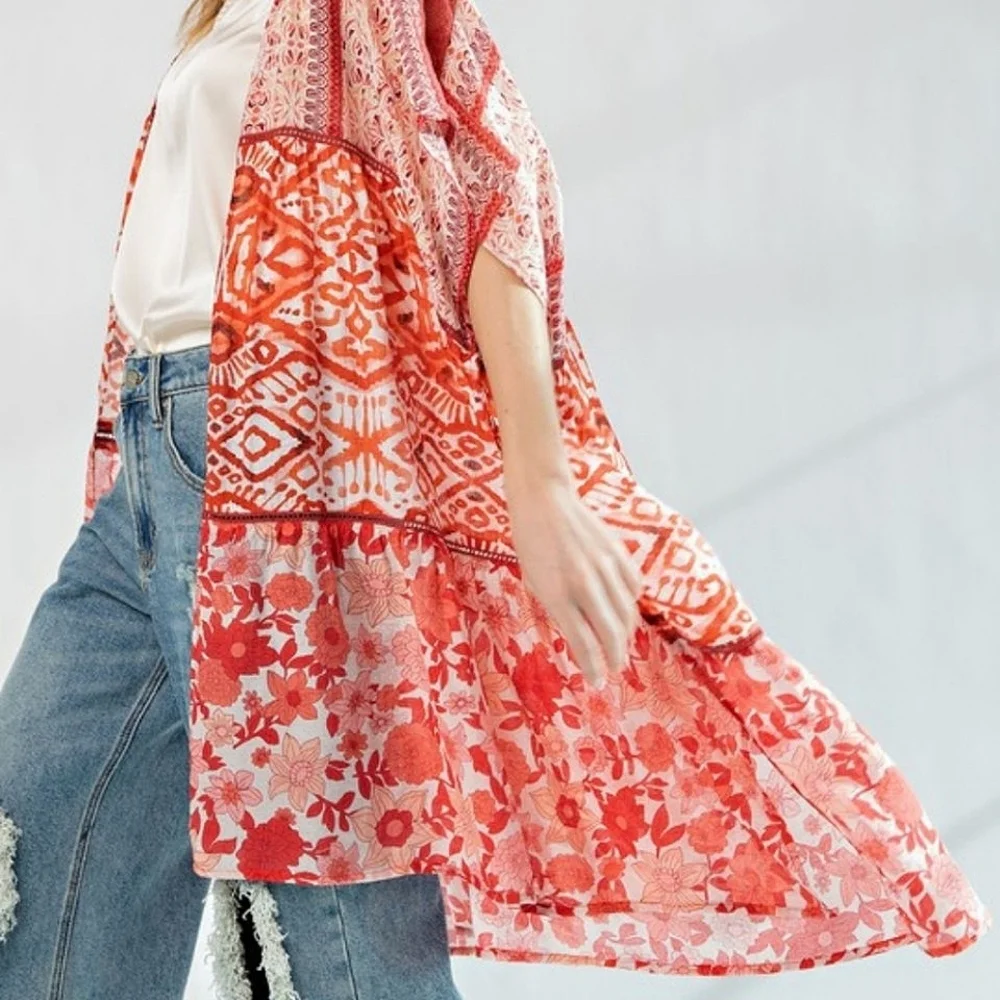 Easel "Lunch In The Garden" Orange and White Floral Boho Kimono, Size 3X. NWT - Picture 2 of 11